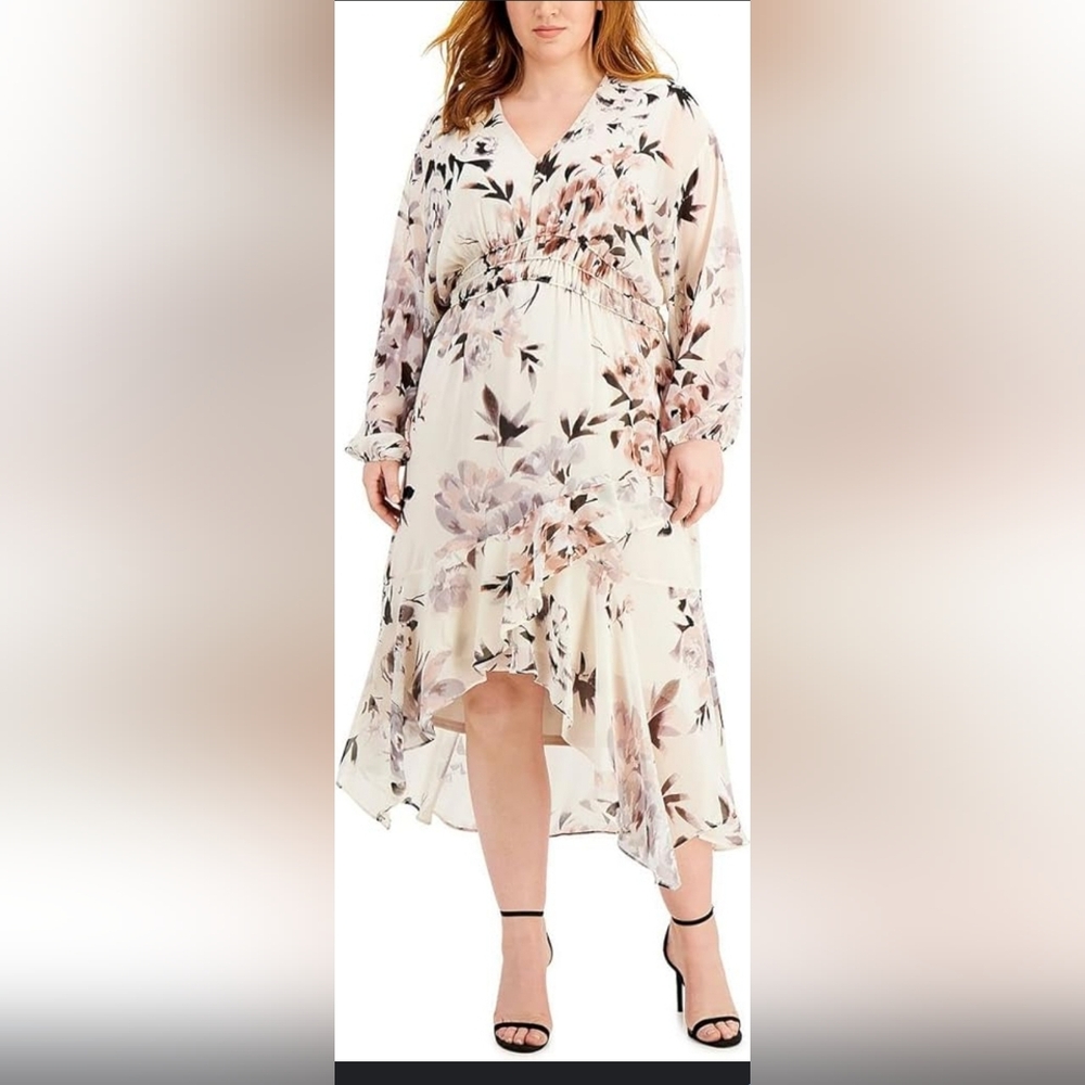 Women's Plus Size Long Sleeve V-Neck Floral Print High-Low Ruffle Skirt Chiffon